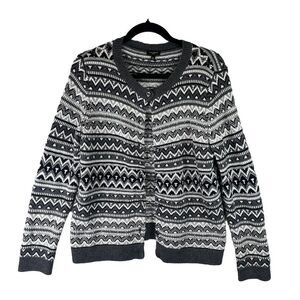 Talbots Geometric Chevron Beaded Button Front Knit Cardigan Lambswool Blend M‎ P